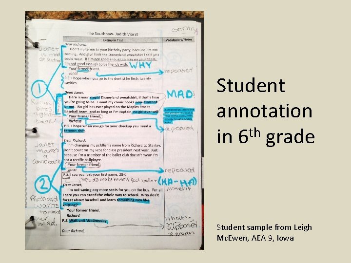 Student annotation in 6 th grade Student sample from Leigh Mc. Ewen, AEA 9,