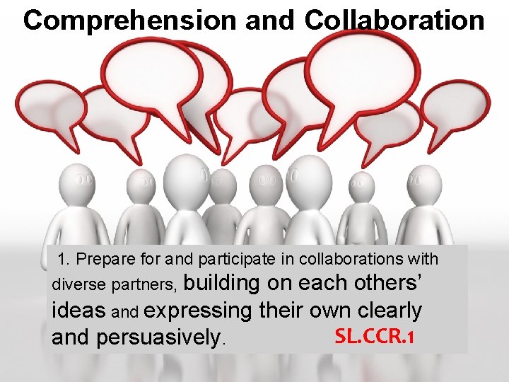 Comprehension and Collaboration 1. Prepare for and participate in collaborations with diverse partners, building