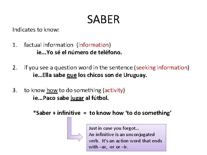 Indicates to know: SABER 1. factual information (information) ie. . . Yo sé el