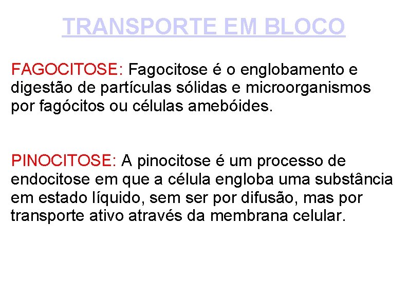 TRANSPORTE EM BLOCO FAGOCITOSE: Fagocitose é o englobamento e digestão de partículas sólidas e