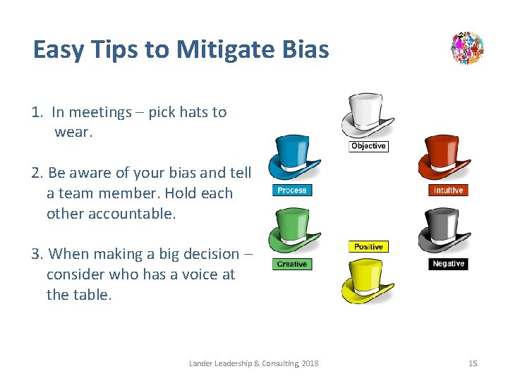 Easy Tips to Mitigate Bias 1. In meetings – pick hats to wear. 2.