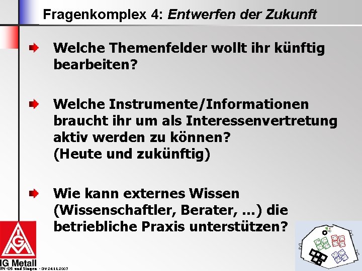 Fragenkomplex 4: Entwerfen der Zukunft Welche Themenfelder wollt ihr künftig bearbeiten? Welche Instrumente/Informationen braucht