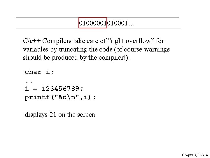 01000001010001… C/c++ Compilers take care of “right overflow” for variables by truncating the code