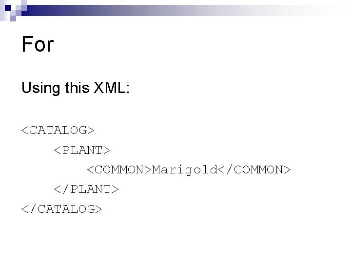 For Using this XML: <CATALOG> <PLANT> <COMMON>Marigold</COMMON> </PLANT> </CATALOG> 