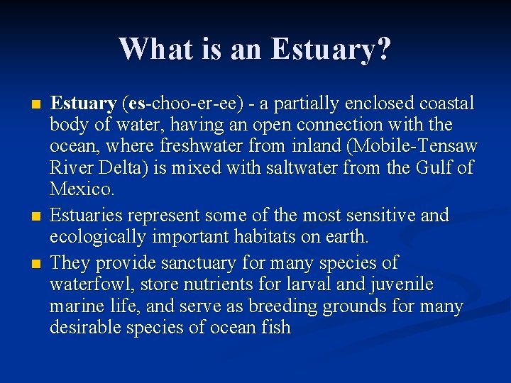 What is an Estuary? n n n Estuary (es-choo-er-ee) - a partially enclosed coastal