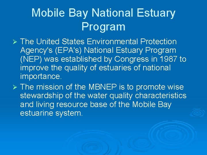 Mobile Bay National Estuary Program The United States Environmental Protection Agency's (EPA's) National Estuary