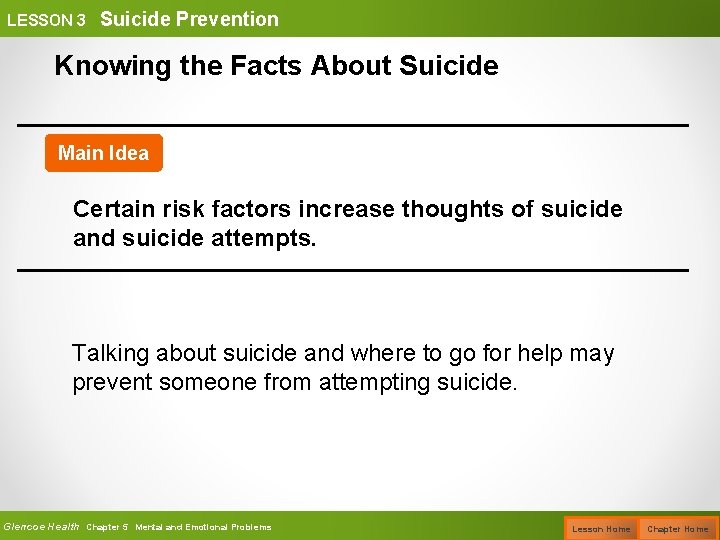 LESSON 3 Suicide Prevention Knowing the Facts About Suicide Main Idea Certain risk factors