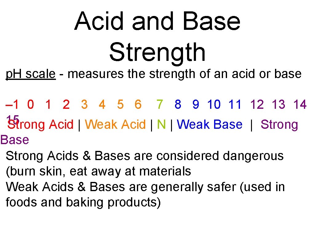 Acid and Base Strength p. H scale - measures the strength of an acid