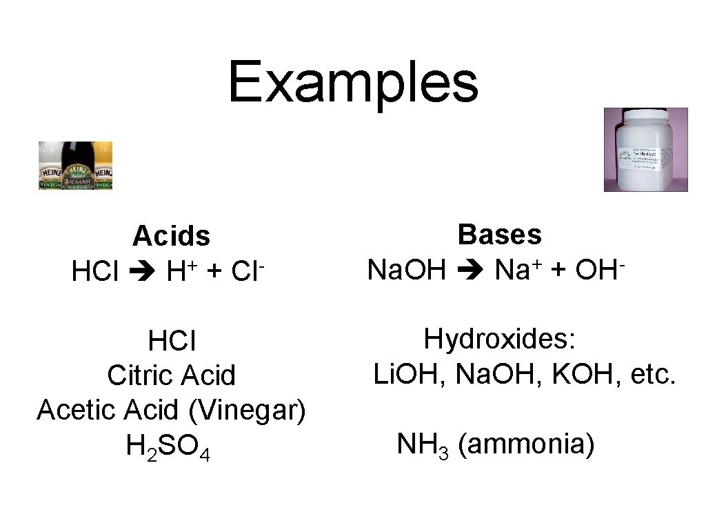 Examples Acids HCl H+ + Cl. HCl Citric Acid Acetic Acid (Vinegar) H 2