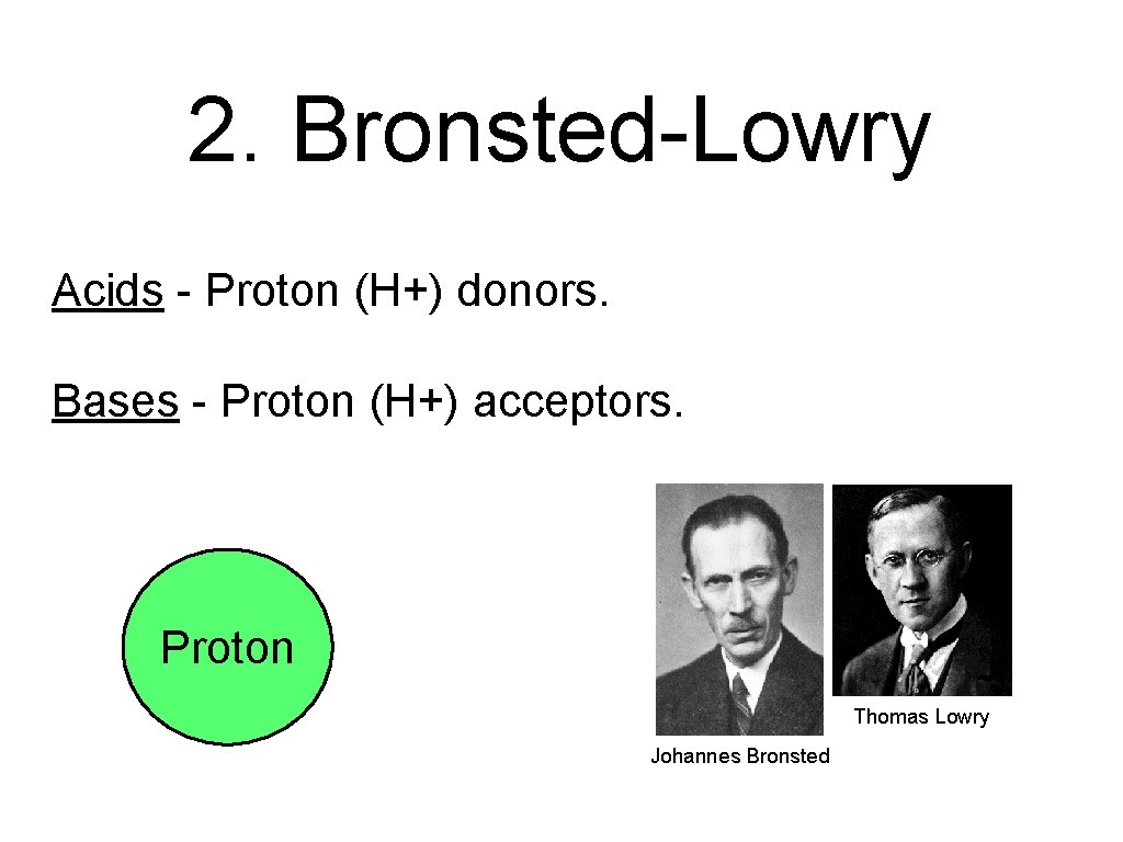 2. Bronsted-Lowry Acids - Proton (H+) donors. Bases - Proton (H+) acceptors. Proton Thomas