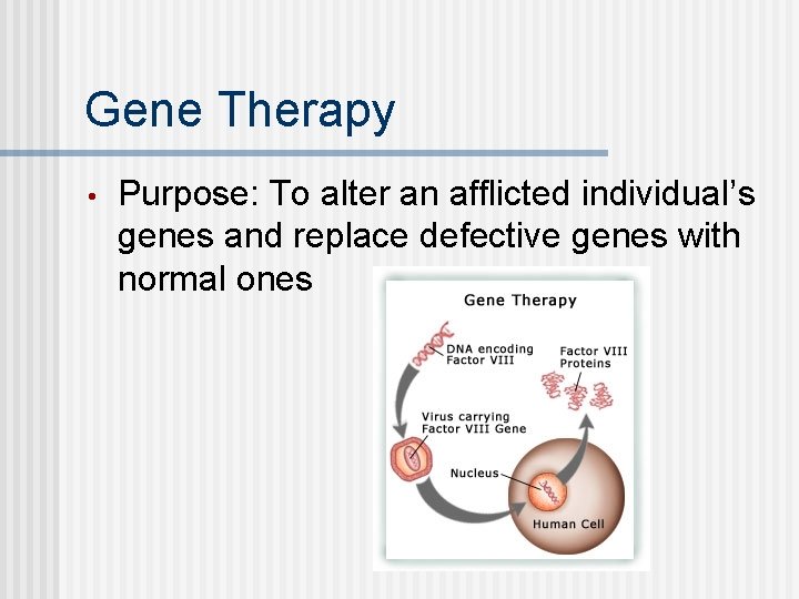 Gene Therapy • Purpose: To alter an afflicted individual’s genes and replace defective genes