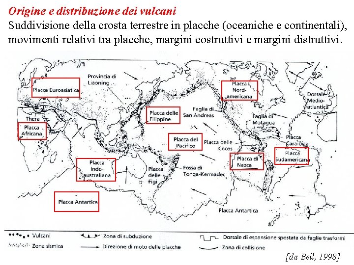 Origine e distribuzione dei vulcani Suddivisione della crosta terrestre in placche (oceaniche e continentali),