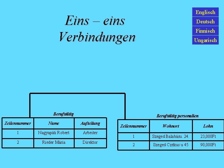 Englisch Eins – eins Verbindungen Berufstätig Deutsch Finnisch Ungarisch Berufstätig personalien Zeilennummer Name Aufteilung