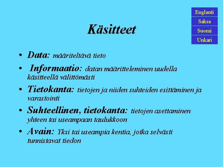 Englanti Käsitteet Saksa Suomi Unkari • Data: määriteltävä tieto • Informaatio: datan määritteleminen uudella