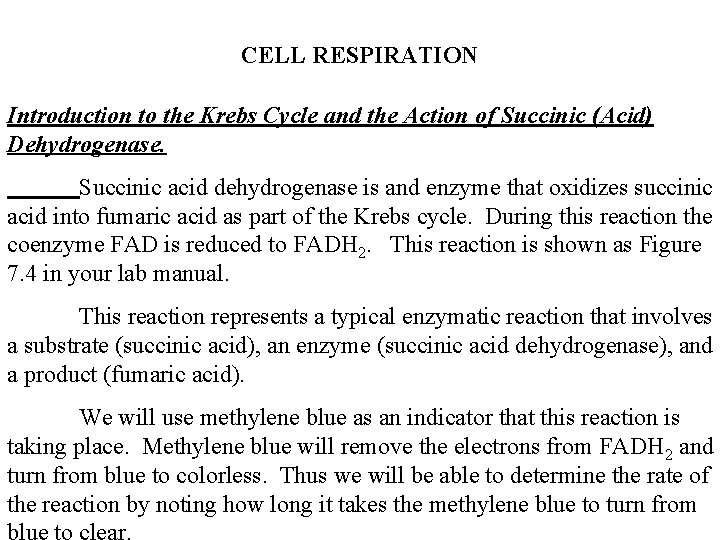 CELL RESPIRATION Introduction to the Krebs Cycle and the Action of Succinic (Acid) Dehydrogenase.