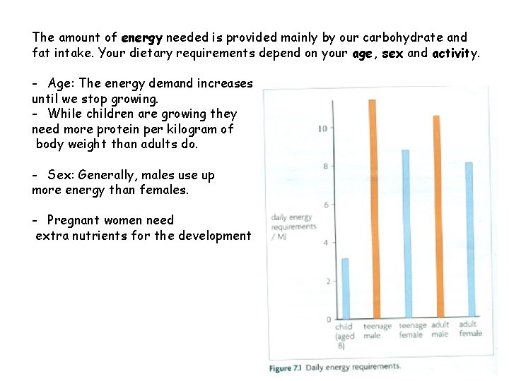 The amount of energy needed is provided mainly by our carbohydrate and fat intake.