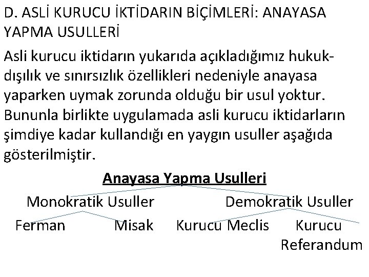 D. ASLİ KURUCU İKTİDARIN BİÇİMLERİ: ANAYASA YAPMA USULLERİ Asli kurucu iktidarın yukarıda açıkladığımız hukukdışılık