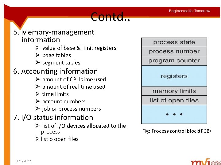 Contd. . 5. Memory-management information Ø value of base & limit registers Ø page