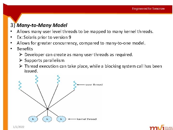 3) Many-to-Many Model • • Allows many user level threads to be mapped to