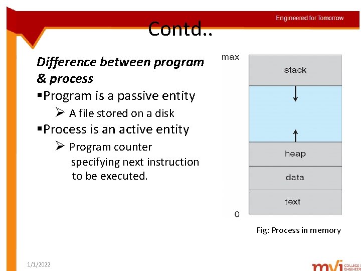 Contd. . Difference between program & process §Program is a passive entity Ø A