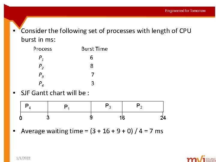  • Consider the following set of processes with length of CPU burst in