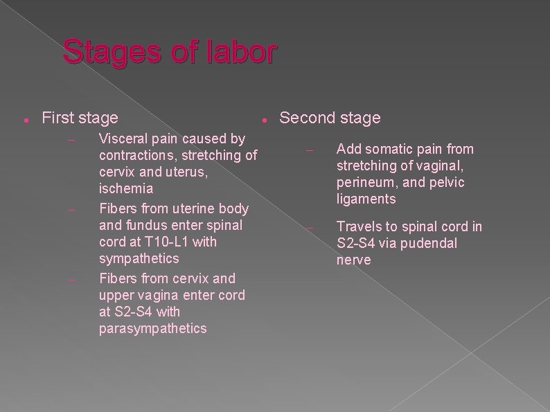 Stages of labor First stage – – – Visceral pain caused by contractions, stretching