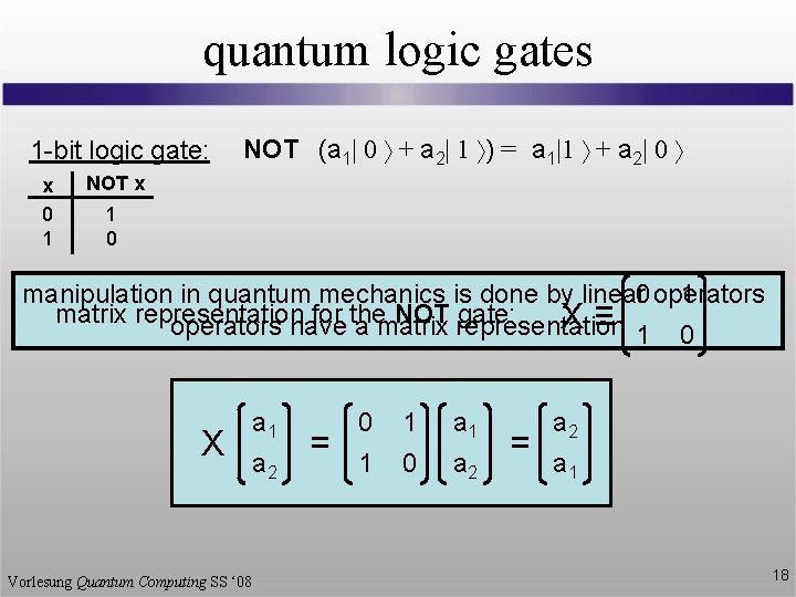 quantum logic gates 1 -bit logic gate: x 0 1 NOT (a 1| 0