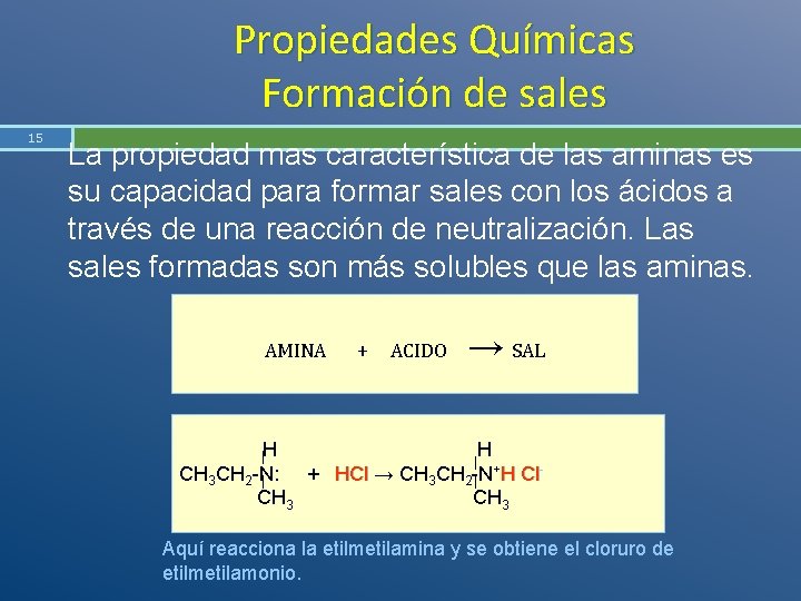 Propiedades Químicas Formación de sales 15 La propiedad mas característica de las aminas es