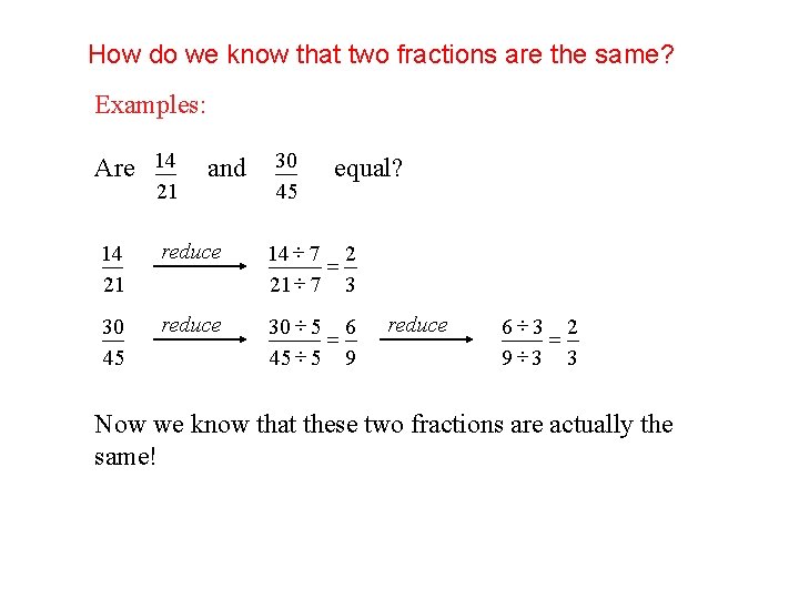 How do we know that two fractions are the same? Examples: Are 14 21