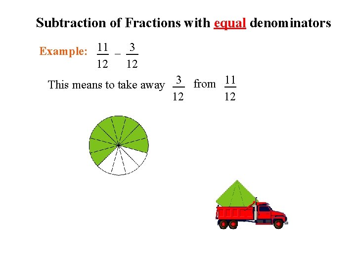 Subtraction of Fractions with equal denominators Example: 11 - 3 12 12 This means