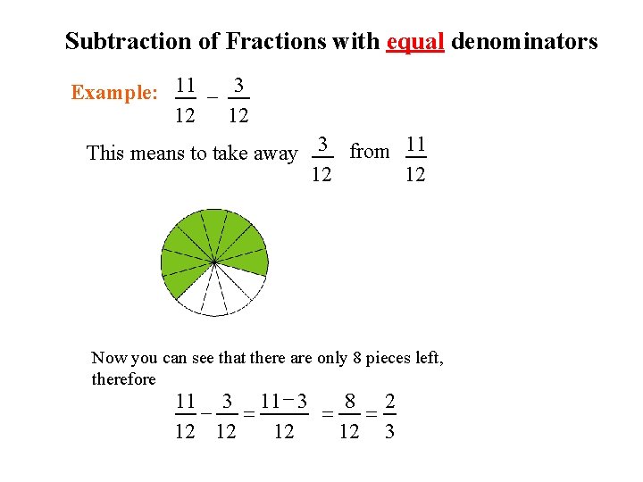Subtraction of Fractions with equal denominators Example: 11 - 3 12 12 This means