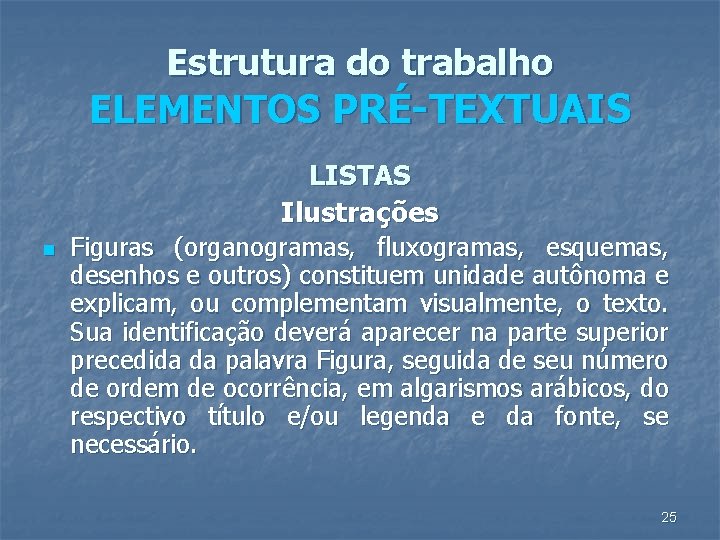 Estrutura do trabalho ELEMENTOS PRÉ-TEXTUAIS LISTAS Ilustrações n Figuras (organogramas, fluxogramas, esquemas, desenhos e