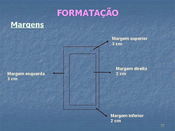 FORMATAÇÃO Margens Margem superior 3 cm Margem esquerda 3 cm Margem direita 2 cm