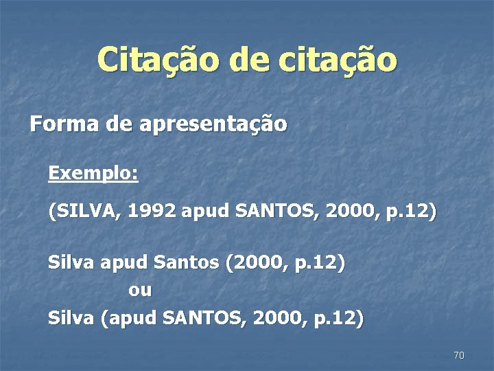 Citação de citação Forma de apresentação Exemplo: (SILVA, 1992 apud SANTOS, 2000, p. 12)