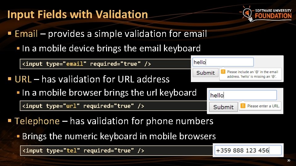 Input Fields with Validation § Email – provides a simple validation for email §
