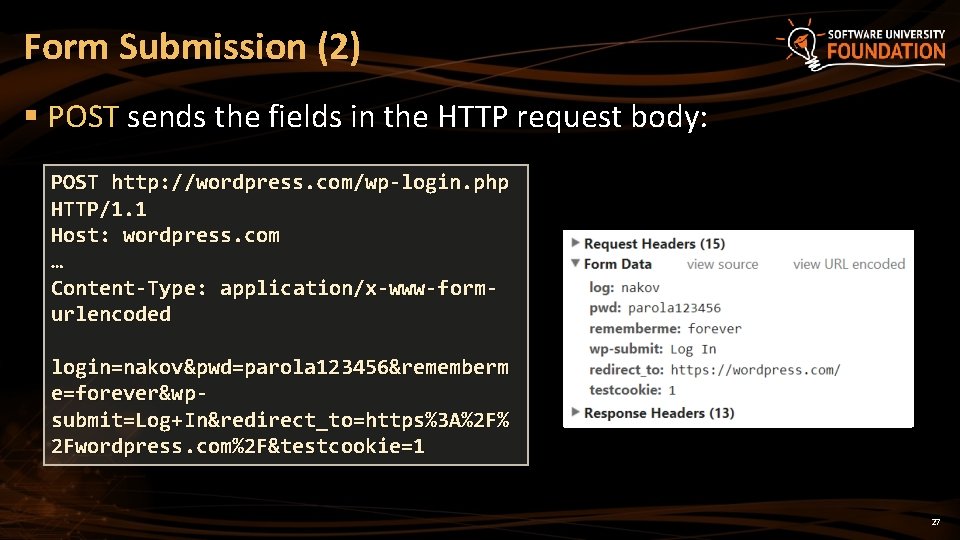 Form Submission (2) § POST sends the fields in the HTTP request body: POST