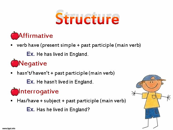 Structure Affirmative • verb have (present simple + past participle (main verb) Ex. He