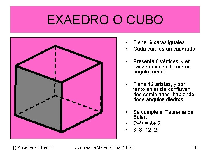 EXAEDRO O CUBO • • Tiene 6 caras iguales. Cada cara es un cuadrado