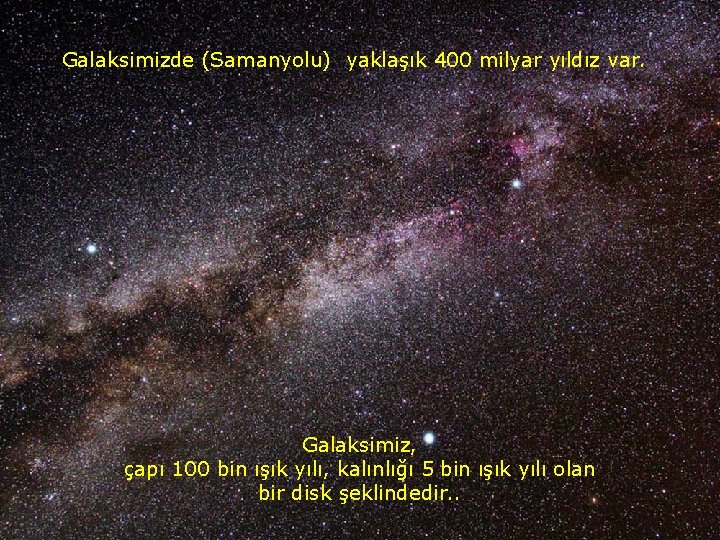 Galaksimizde (Samanyolu) yaklaşık 400 milyar yıldız var. Galaksimiz, çapı 100 bin ışık yılı, kalınlığı