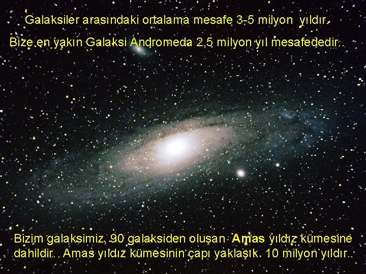 Galaksiler arasındaki ortalama mesafe 3 -5 milyon yıldır. Bize en yakın Galaksi Andromeda 2,