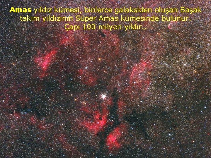 Amas yıldız kümesi, binlerce galaksiden oluşan Başak takım yıldızının Süper Amas kümesinde bulunur. Çapı