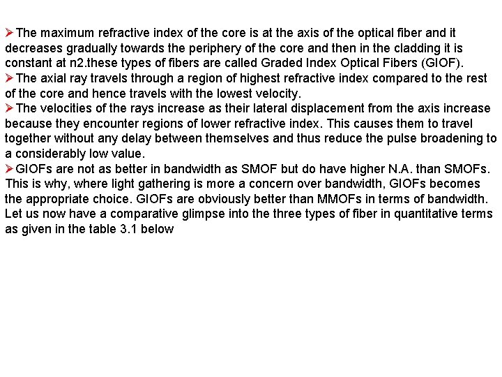 ØThe maximum refractive index of the core is at the axis of the optical