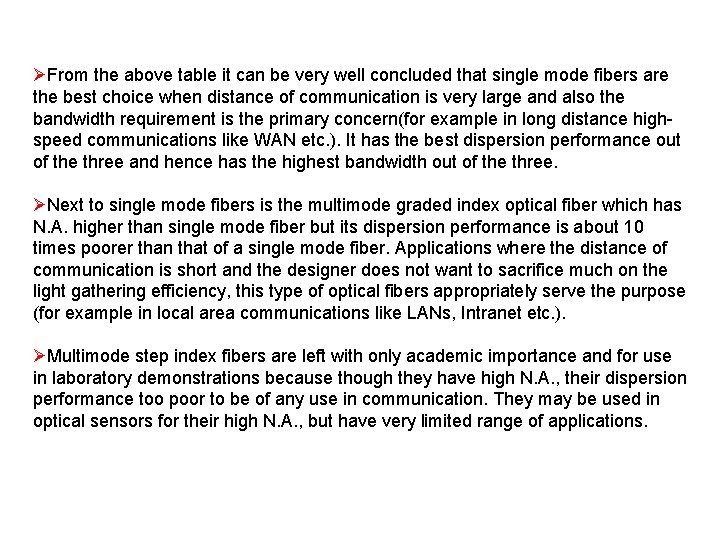 ØFrom the above table it can be very well concluded that single mode fibers ØFrom the above table it can be very well concluded that single mode fibers