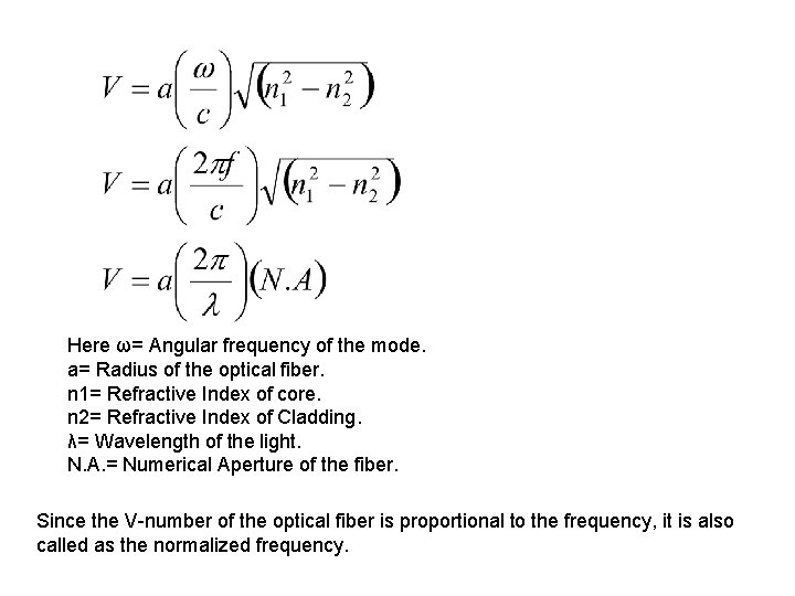 Here ω= Angular frequency of the mode. a= Radius of the optical fiber. n