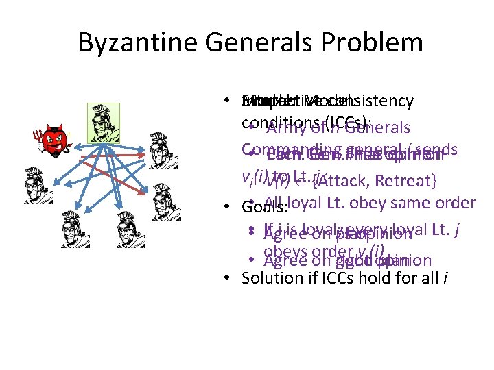 Byzantine Generals Problem • Interactive Simpler Model: consistency Model: conditions • Army of(ICCs): n