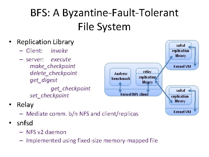 BFS: A Byzantine-Fault-Tolerant File System • Replication Library – Client: invoke – server: execute