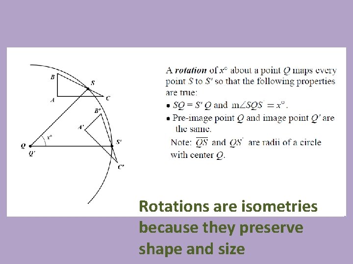 Rotations are isometries because they preserve shape and size 