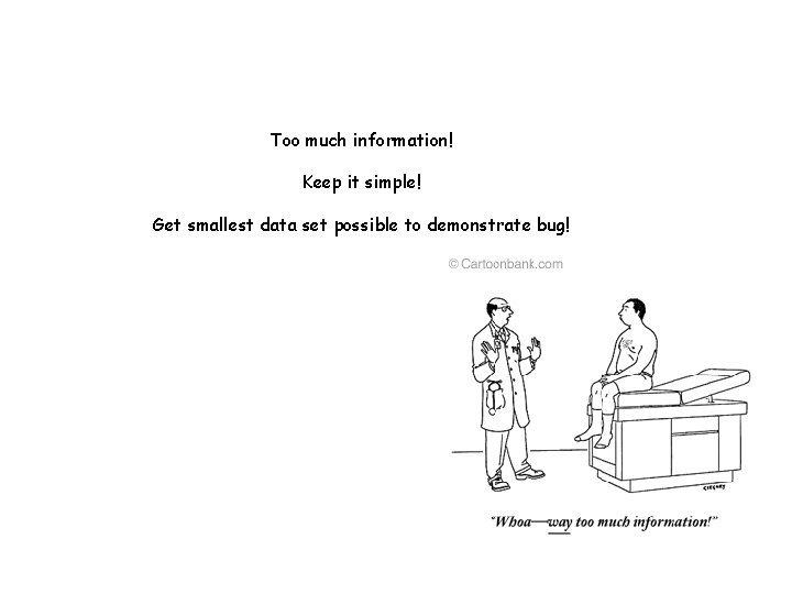 Too much information! Keep it simple! Get smallest data set possible to demonstrate bug! Too much information! Keep it simple! Get smallest data set possible to demonstrate bug!