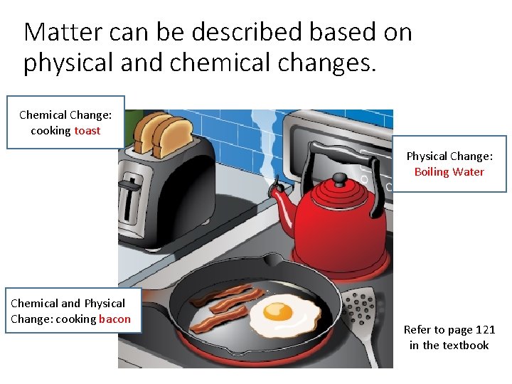 Matter can be described based on physical and chemical changes. Chemical Change: cooking toast