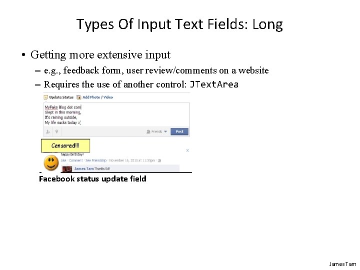 Types Of Input Text Fields: Long • Getting more extensive input – e. g.